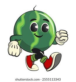 cute watermelon cartoon character walking, watermelon mascot cute cartoon characters for icon, mascot, logo, label, poster, banner, print, sticker, clip art