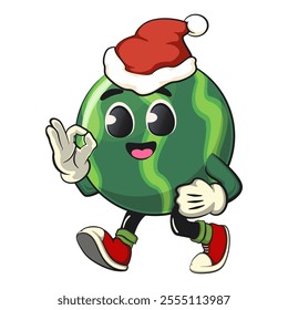 cute watermelon cartoon character walking while wearing a Santa hat calm, watermelon mascot cute cartoon characters for icon, mascot, logo, label, poster, banner, print, sticker, clip art