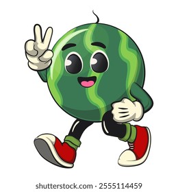 cute watermelon cartoon character walking with a peace sign, watermelon mascot cute cartoon characters for icon, mascot, logo, label, poster, banner, print, sticker, clip art