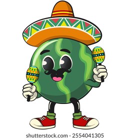 cute watermelon cartoon character wearing sombrero and playing maracas, watermelon mascot cute cartoon characters for icon, mascot, logo, label, poster, banner, print, sticker, clip art