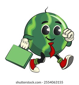 cute watermelon cartoon character wearing a tie and carrying a suitcase rushing to the office, watermelon mascot cute cartoon for icon, mascot, logo, poster, banner, print, sticker, clip art