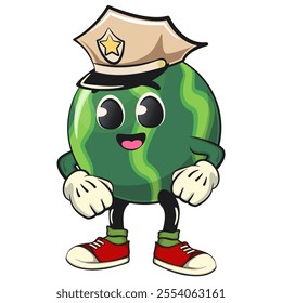 cute watermelon cartoon character wearing policeman hat, watermelon mascot cute cartoon characters for icon, mascot, logo, label, poster, banner, print, sticker, clip art