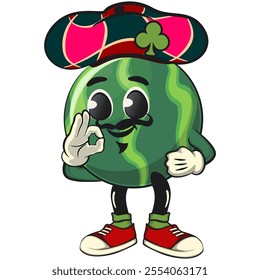 cute watermelon cartoon character wearing a unique hat with a clover leaf symbol, watermelon mascot cute cartoon characters for icon, mascot, logo, label, poster, banner, print, sticker, clip art