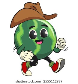 cute watermelon cartoon character wearing a cowboy hat walking calmly, watermelon mascot cute cartoon characters for icon, mascot, logo, label, poster, banner, print, sticker, clip art