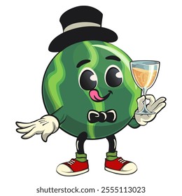 cute watermelon cartoon character wearing hat and bow tie raising a wine glass, watermelon mascot cute cartoon characters for icon, mascot, logo, label, poster, banner, print, sticker, clip art