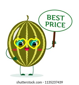 Cute watermelon cartoon character in yellow heart glasses, in the hands of the plate is the best price. Vector illustration, a flat style.