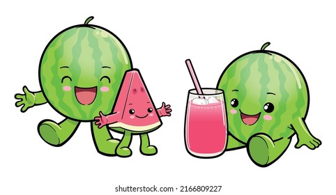 Cute watermelon cartoon characters and a glass of watermelon juice