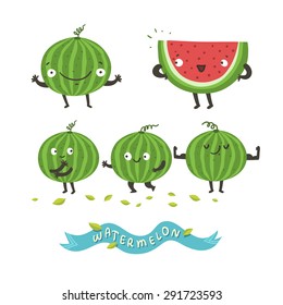 Cute watermelon cartoon characters and "Watermelon" ribbon. Vector colorful illustration in flat style isolated on white. Good for cafe, logo or book stories. 