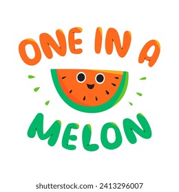 Dibujo de dibujos animados de Cute watermelon con texto Uno en melón. Diseño colorido para tarjetas, materiales impresos. Ilustración vectorial plana.