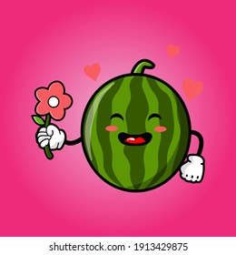 cute watermelon cartoon mascot character funny expression giving flower