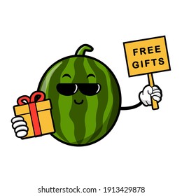 cute watermelon cartoon mascot character funny expression  holding gifts box