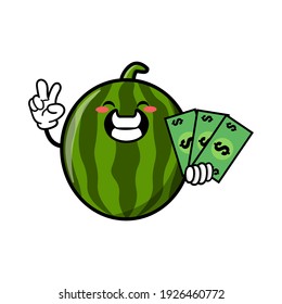 cute watermelon cartoon mascot character funny expression holding money with peace gesture