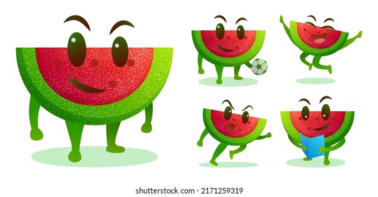 Cute watermelon cartoon vegetable characters many pose isolated on white background