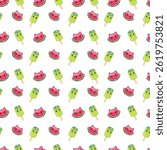 Cute Watermelon Cat and Green Popsicle Pattern. Kawaii Watermelon Slice and Popsicle Cartoon Background