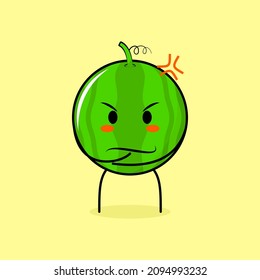 cute watermelon character with angry expression. green and yellow. suitable for emoticon, logo, mascot. one hand on chin