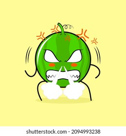 cute watermelon character with angry expression. nose blowing smoke, eyes bulging and grinning. green and yellow. suitable for emoticon, logo, mascot