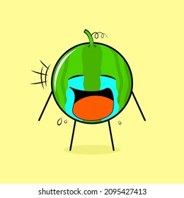 cute watermelon character with crying expression, tears and mouth open. green and yellow. suitable for emoticon, logo, mascot