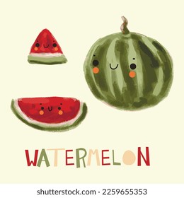 Cute watermelon character with different slices.  Watermelon character vector illustration