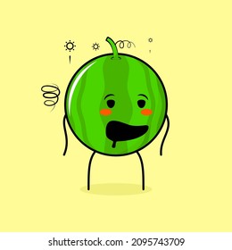 cute watermelon character with drunk expression and mouth open. green and yellow. suitable for emoticon, logo, mascot