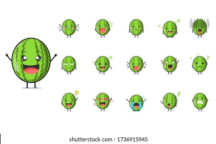 Cute watermelon character emoticon set. Summer fruit. Watermelon character emoji illustration