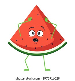 Cute watermelon character with emotions in a panic grabs his head, face, arms and legs. The funny or sad food hero, fruit or berry. Vector flat illustration