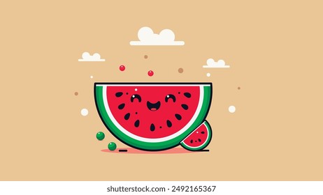 Cute Watermelon Character in Flat Design. This cute watermelon features a charming flat design, bringing a playful and refreshing touch to your project. Perfect for summer-themed designs