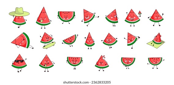 Cute watermelon character. Funny cartoon slice of tropical fruit. Summer time. Vector drawing. Collection of design elements.
