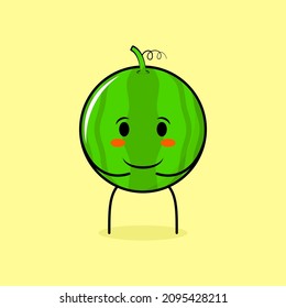 cute watermelon character with happy expression, smiling and both hands on stomach. green and yellow. suitable for emoticon, logo, mascot