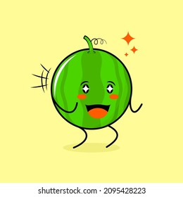 cute watermelon character with happy expression, two hands clenched and sparkling eyes. green and yellow. suitable for emoticon, logo, mascot