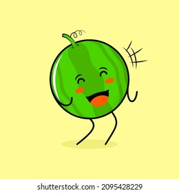 cute watermelon character with happy expression, close eyes and mouth open. green and yellow. suitable for emoticon, logo, mascot