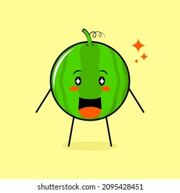 cute watermelon character with happy expression, mouth open and sparkling eyes. green and yellow. suitable for emoticon, logo, mascot