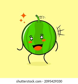 cute watermelon character with happy expression, mouth open and sparkling eyes. green and yellow. suitable for emoticon, logo, mascot