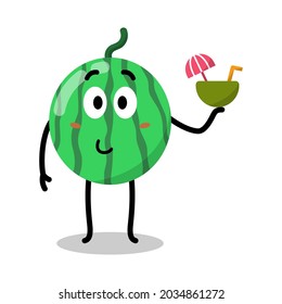 cute watermelon character holding coconut illustration