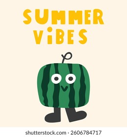 Cute Watermelon Character. Inscription - Summer vibes. Flat vector design for sticker and t-shirt design