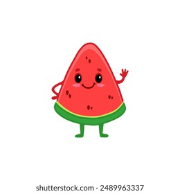 Cute watermelon character isolated on white background. Cartoon fruit, slice of watermelon. Vector illustration