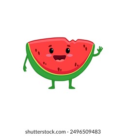Cute watermelon character isolated on white background. Cartoon fruit, slice of watermelon. Vector illustration