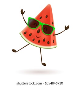 Cute watermelon character jumping. Vector illustration of cartoon slice of tropical fruit.