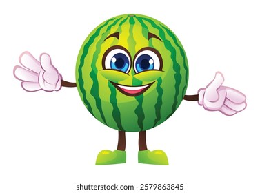 Cute watermelon character with open arms, welcoming and cheerful. Vector cartoon illustration