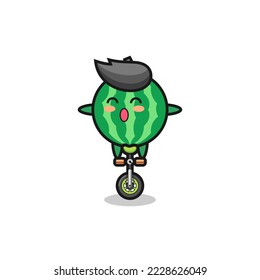 The cute watermelon character is riding a circus bike , cute style design for t shirt, sticker, logo element