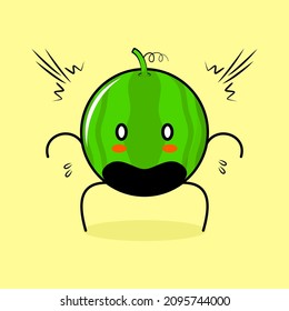 cute watermelon character with shocked expression, mouth open and bulging eyes. green and yellow. suitable for emoticon, logo, mascot or sticker
