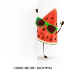 Cute watermelon character stands with blank signboard. Vector illustration of cartoon slice of tropical fruit.