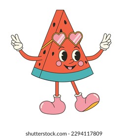 Cute watermelon character sticker in y2k groovy style. Retro cartoon character in trendy retro style, comic mascot character.
