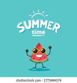 Cute watermelon character with summer lettering. Vector illustration in flat style