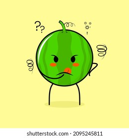 cute watermelon character with thinking expression and hand placed on chin. green and yellow. suitable for emoticon, logo, mascot