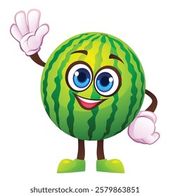 Cute watermelon character waving happily. Vector cartoon illustration