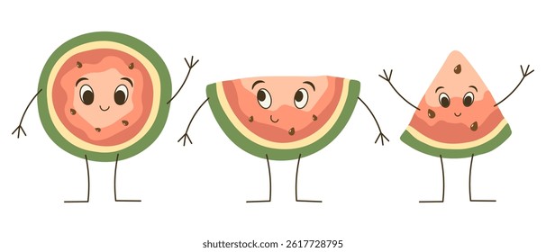 Cute watermelon characters in flat style isolated on white background. Sweet fruits with cute faces waving hands. Summer vector illustration in cartoon style.
