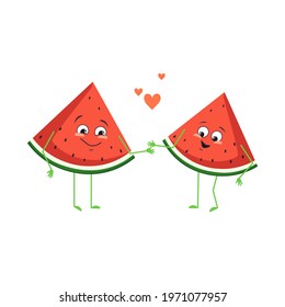 Cute watermelon characters with love emotions, face, arms and legs. The funny or happy food heroes, fruits fall in love. Vector flat illustration