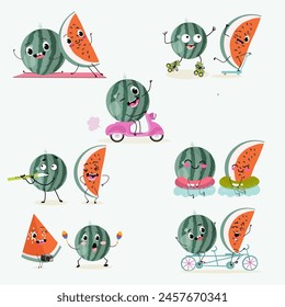 Cute watermelon characters set, collection. Flat vector illustration. Activities, playing musical instruments, sports, funny fruits.