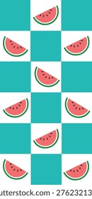 Cute Watermelon Checker Stripe Pattern on Turquoise Background Playful Summer Fruit Design for Textile Wallpaper Wrapping Paper and Kitchen Decor