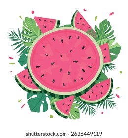 Cute Watermelon Composition with Slices and Leaves on Light Background – Vector Illustration for World Watermelon Day, Summer Holidays, Kids Projects, Seasonal Decor and Textile Design